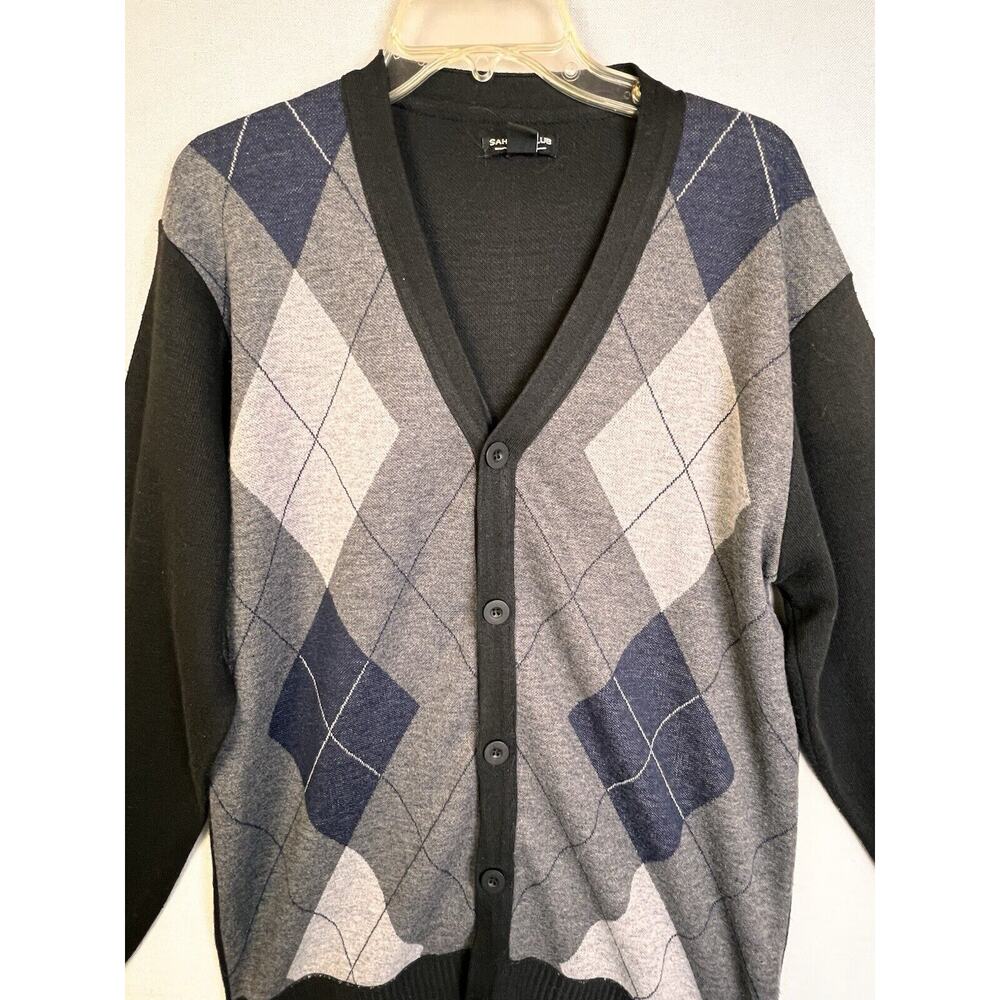 Sahara Club Cardigan Sweater Men's Large Argyle Black Gray Preppy Work Casual